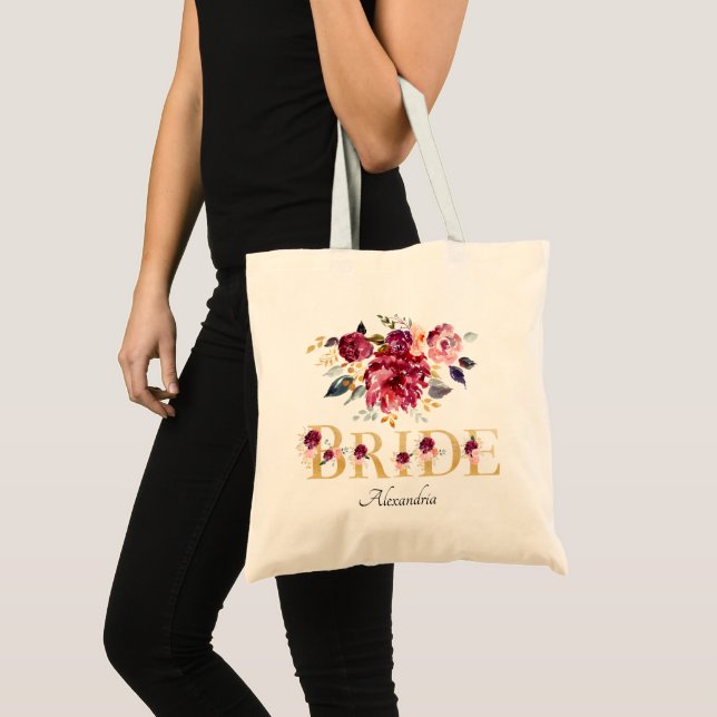 Tote Bag Mariage Floral Burgundy Rose Gold Mariée (Devant (produit))