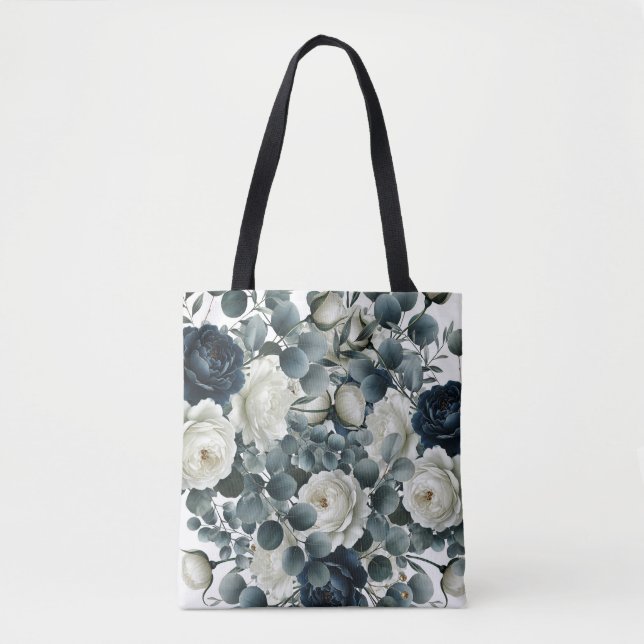 Tote Bag Mariage Floral Moderne Bleu Foncé & Blanc (Devant)