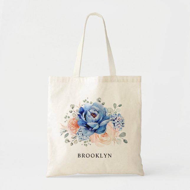 Tote Bag Mariage floral rose bleu marine (Devant)