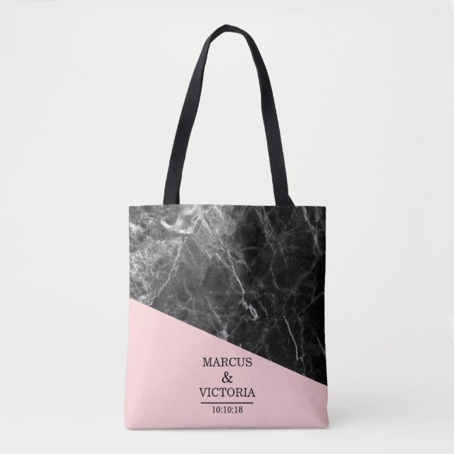 Tote Bag Mariage géométrique en marbre noir (Devant)