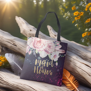 Tote Bag Mariage Maid of Honor Floral Feather Purple Lumièr