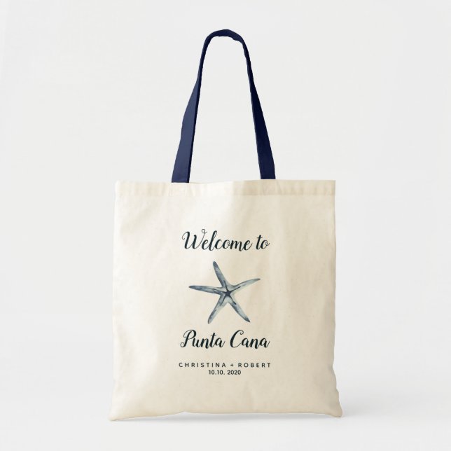 Tote Bag Mariage nautique Blue Starfish Accueil personnalis (Devant)