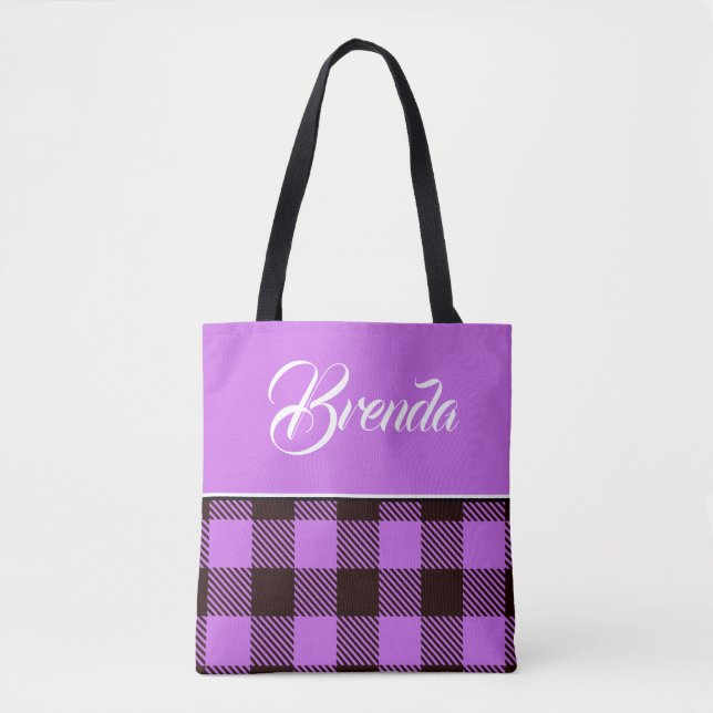 Tote Bag Mariage Personnalisé Nom Tartan Noir Orchidée (Devant)