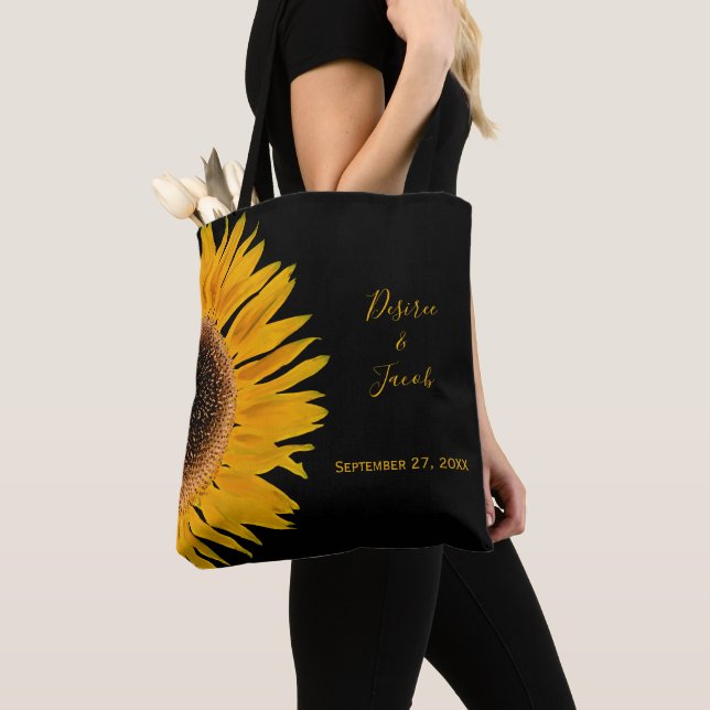 Tote Bag Mariage rustique Elegant Jaune Tournesol Noir (De près)