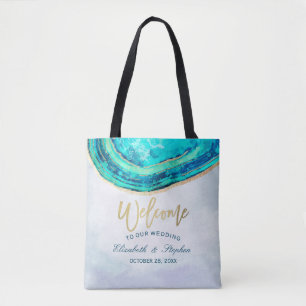 Tote Bag Mariage Welcome Aquarelle Turquoise et Gold Agate 