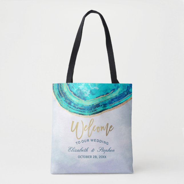 Tote Bag Mariage Welcome Aquarelle Turquoise et Gold Agate  (Devant)