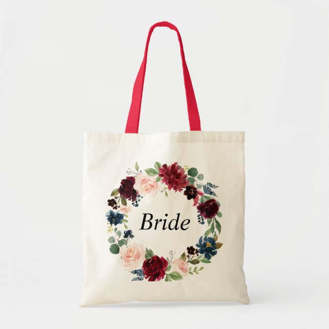 Tote Bag mariée à couronne fleurie de la marine bordeaux (Devant)