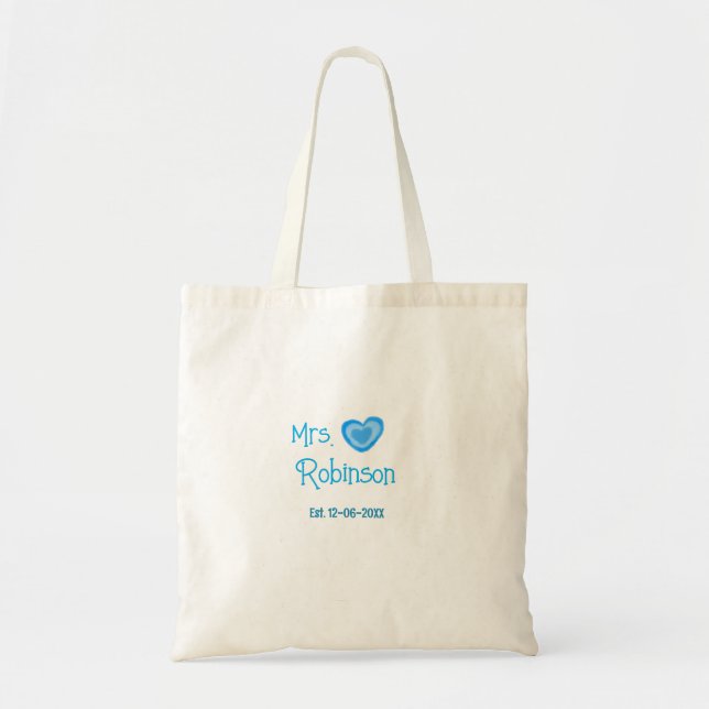 Tote Bag Mariée à être Mme ajouter nom date coeur bleu wate (Devant)