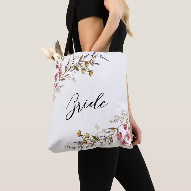 Tote Bag Mariée de Fleurs Sauvages Automnales Écriture Élég (De près)