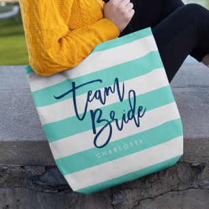Tote Bag Mariée de l'équipe bleue Preppy Turquoise et White