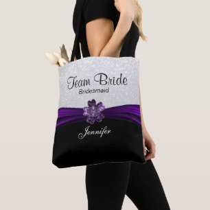 Tote Bag Mariée d'équipe noire, blanche et violette