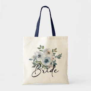 Tote Bag Mariée Fleurie Bleu Poussiéreux Aquarelle