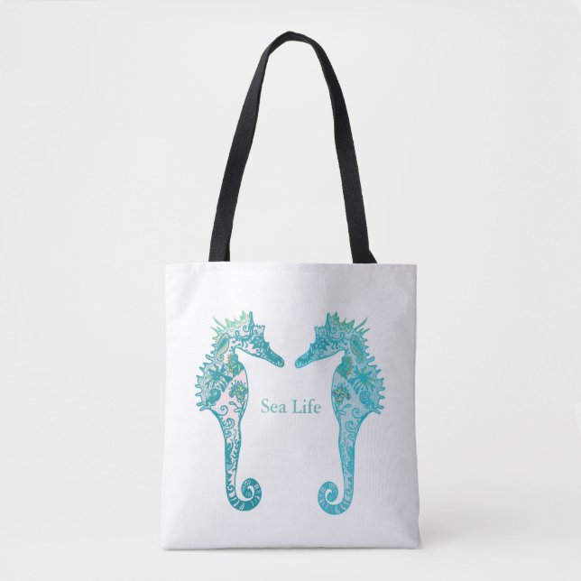 Tote Bag Marine bleu hippocampe Sea Life dessin artistique  (Devant)