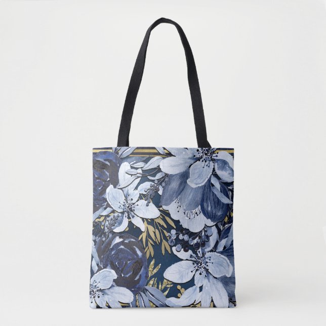 Tote Bag Marine Bleu & Or Elégant Aquarelle Moderne Floral (Devant)