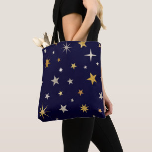 Tote Bag Marine Blue Golden Star Motif