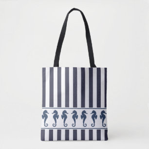 Tote Bag Marine et White Stripes Hippocampe Nautique