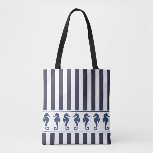 Tote Bag Marine et White Stripes Hippocampe Nautique (Devant)