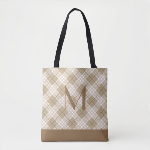 Tote Bag Marron Brun Beige Tartan Plaid Buffalo Monogrammé