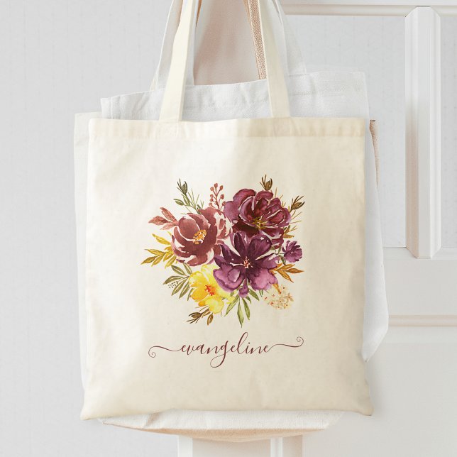 Tote Bag Marsala Bourgogne Aquarelle Floral Personnalisé (Créateur téléchargé)