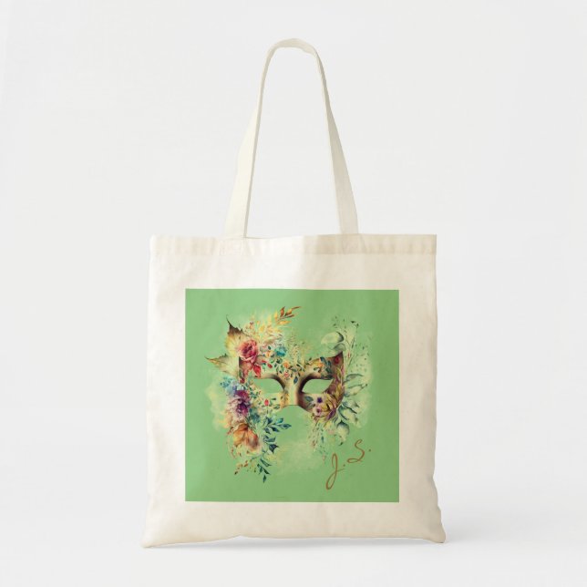 Tote Bag Masque de carnaval vénitien à fleurs vertes (Devant)