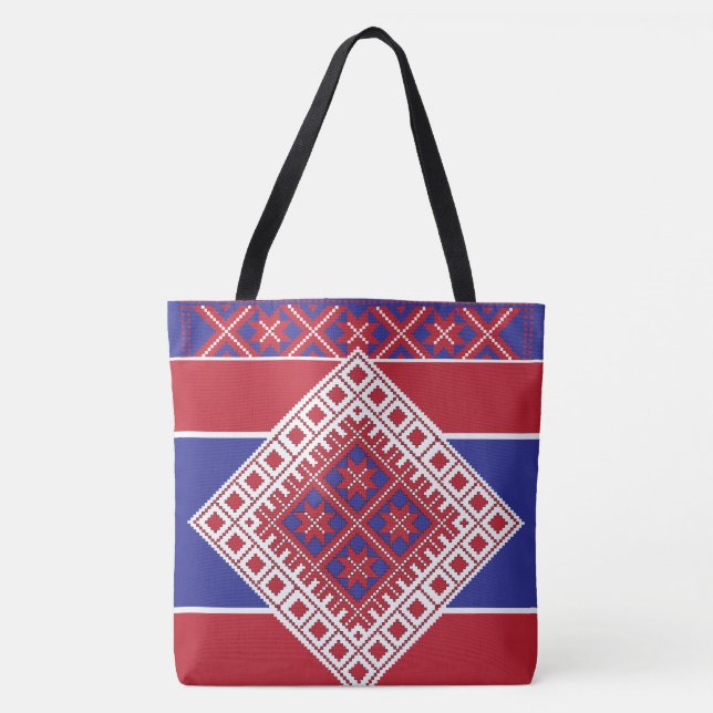 Tote Bag Médaillon d'art populaire letton rouge et bleu géo (Devant)