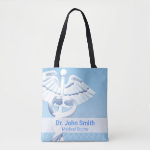Tote Bag Médicale blanc 3D Caduceus Blue Design