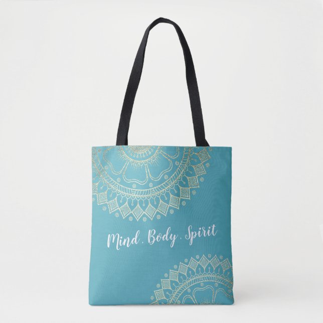 Tote Bag Méditation Yoga Instructeur Vert Bleu Or Mandala (Devant)