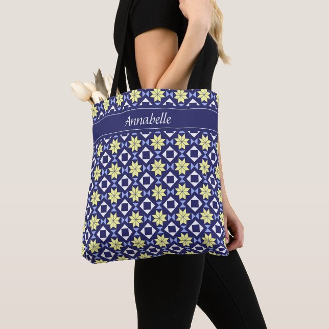 Tote Bag Méditerranée Bleu Bleu Floral Carrelage Nom du Mot (De près)