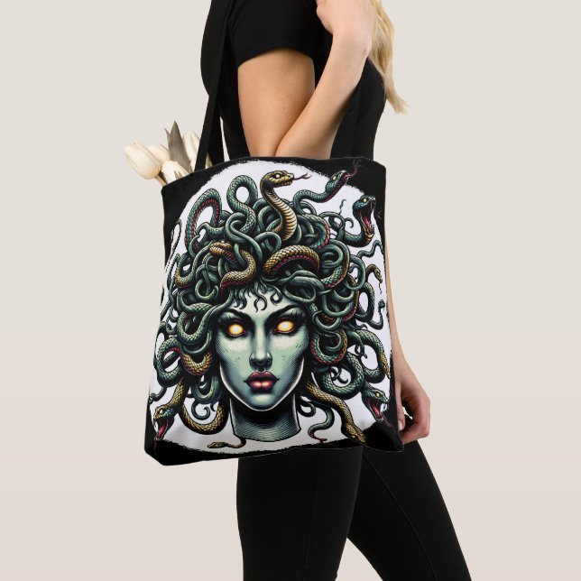 Tote Bag Medusa face verte pleine de serpents (De près)