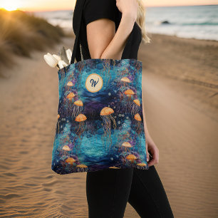 Tote Bag Méduse d'or dans l'océan Turquoise avec Monogramme