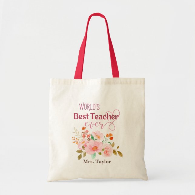 Tote Bag Meilleur enseignant du monde jamais floral personn (Devant)