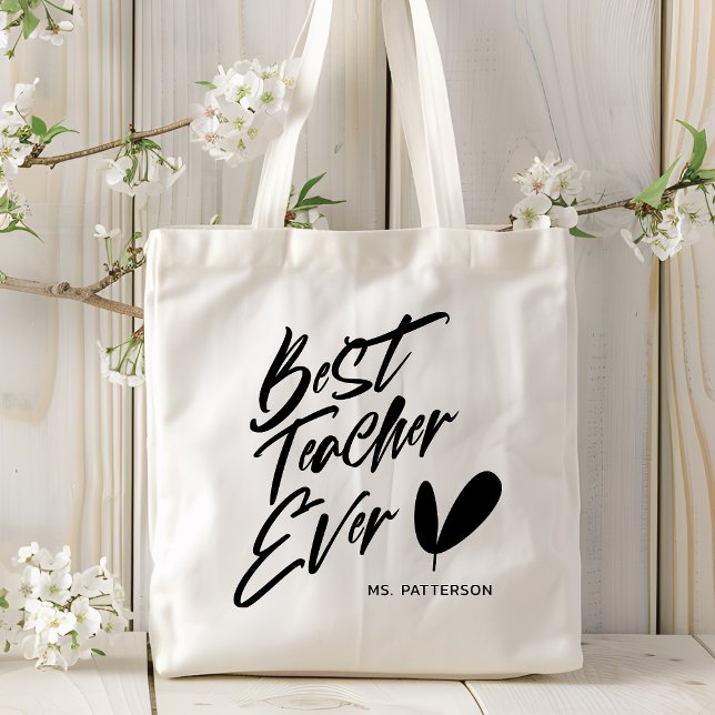 Tote Bag Meilleur Enseignant jamais moderne Script noir Nom (Créateur téléchargé)