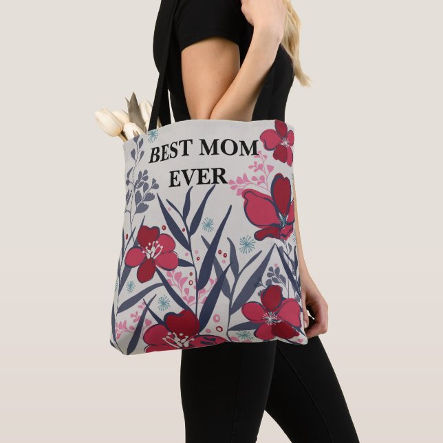Tote Bag Meilleure maman jamais Rouge & rose motif floral (De près)