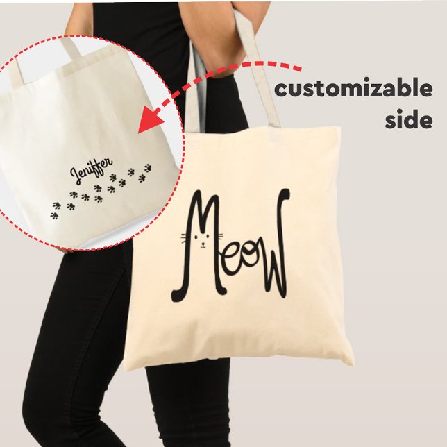 Tote Bag MEOW Minimaliste Chat noir Typographie à deux côté (Créateur téléchargé)