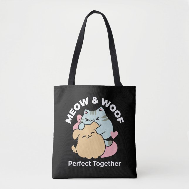 Tote Bag Meow & Woof Perfect Together - Cute Cat and Dog (Devant)