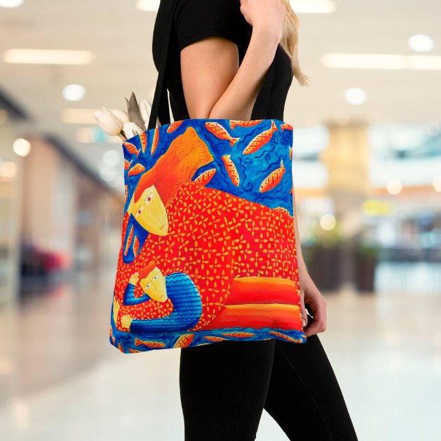 Tote Bag Mère Et Fils Avec Peinture D'Art De Poisson D'Or (Créateur téléchargé)
