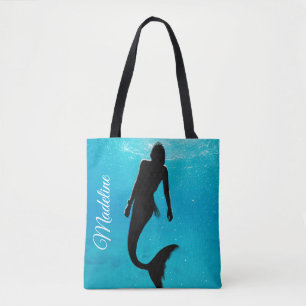Tote Bag Mermaid Black Blue Ocean Summer Modern Beach