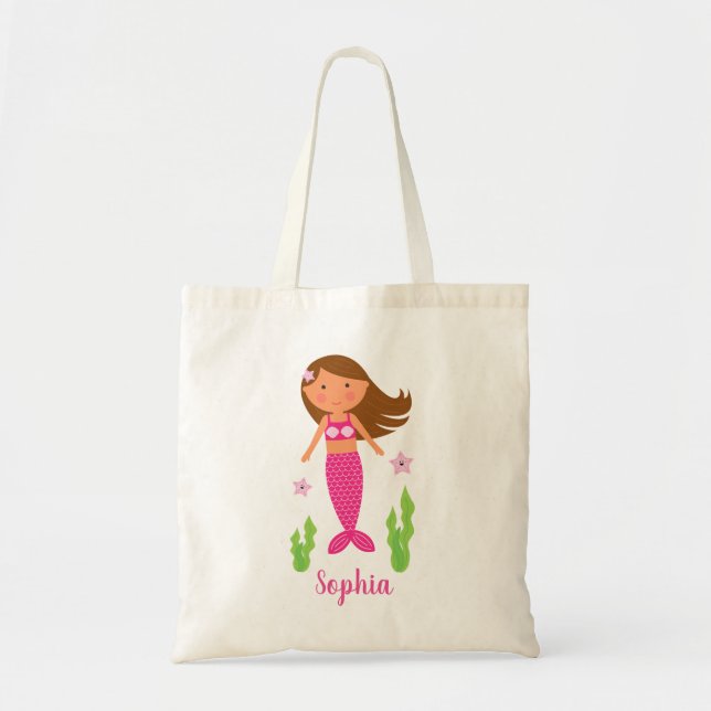 Tote Bag Mermaid Girl | Peau moyenne, cheveux Brown légers (Devant)