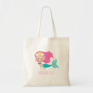 Tote Bag Mermaid Girl Princess Enfants Cute Cheveux Rose