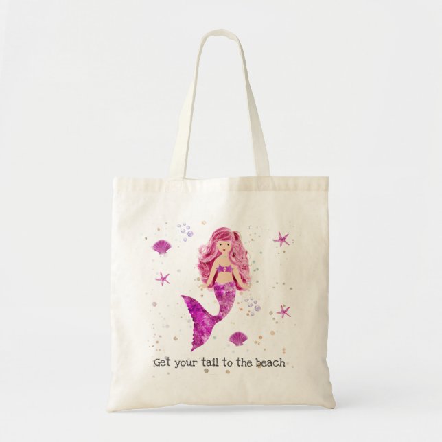 Tote Bag Mermaid Girl Starfish et Seashell Pink Beach (Devant)