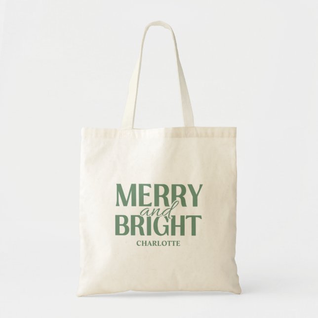 Tote Bag Merry And Bright Christmas Holiday Green (Devant)