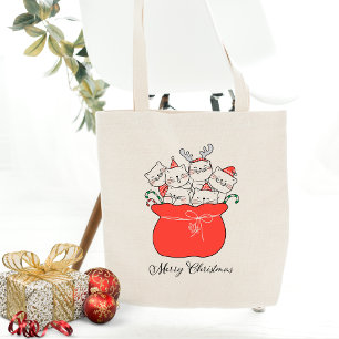 Tote Bag Merry Christmas Cats In Santa Sack   Holidays