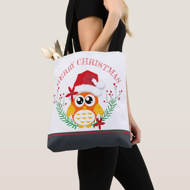 Tote Bag Merry Christmas Cute Owl Wreath (De près)