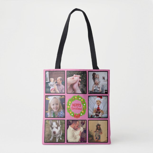 Tote Bag Merry Christmas Wreath Custom Photo Collage (Devant)