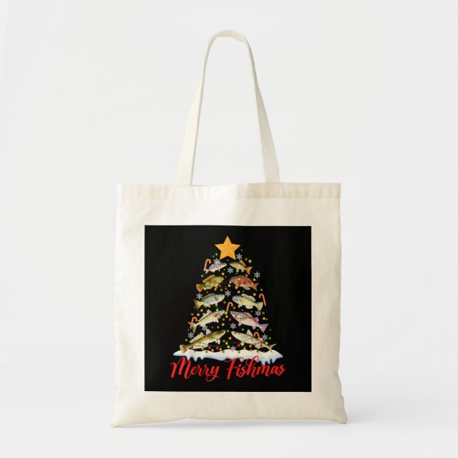 Tote Bag Merry Fishmas Funky Christmas Tree Lights Fish Fis (Devant)