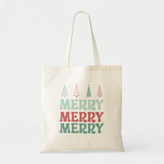 Tote Bag Merry Merry Merry with Pastel Boho Christmas Trees