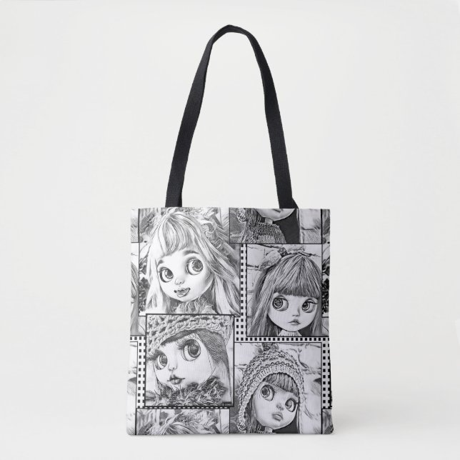 Tote Bag Mes poupées patchwork noires et blanches préférées (Devant)