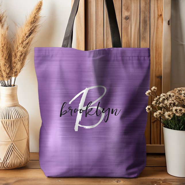 Tote Bag Métal brossé violet noir noir Monogramme blanc (Créateur téléchargé)
