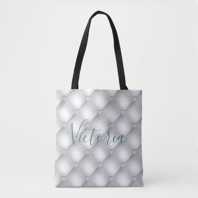 Tote Bag Métal Satin Blanc Mint Vert Bling Nom (Devant)