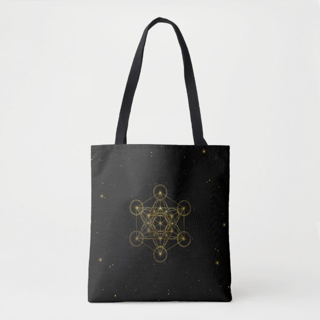 Tote Bag Métatron's Cube Sacred Geometry Noir et or (Devant)